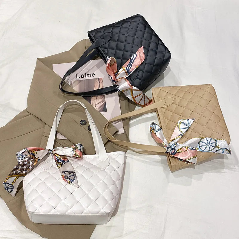 Women Quilted PU Leather Handbag Rhombus Pattern Medium Bag